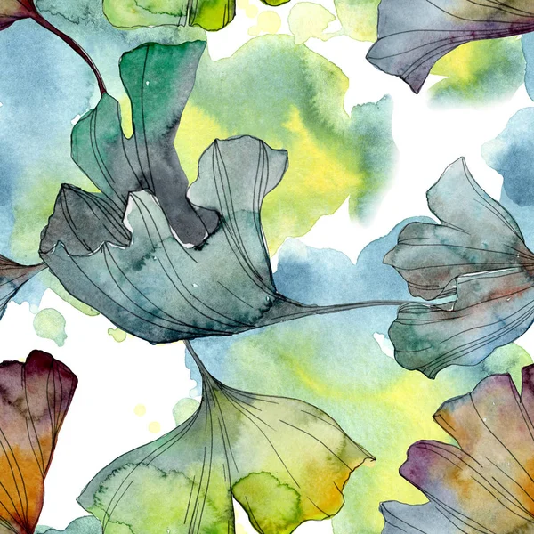 Ginkgo biloba leaf plant botanical garden floral foliage. Watercolor illustration set. Watercolour drawing fashion aquarelle isolated. Seamless background pattern. Fabric wallpaper print texture.