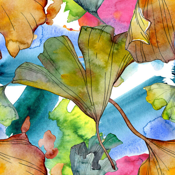 Ginkgo biloba leaf plant botanical garden floral foliage. Watercolor illustration set. Watercolour drawing fashion aquarelle isolated. Seamless background pattern. Fabric wallpaper print texture.