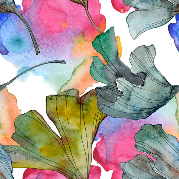 Ginkgo biloba leaf plant botanical garden floral foliage. Watercolor illustration set. Watercolour drawing fashion aquarelle isolated. Seamless background pattern. Fabric wallpaper print texture.