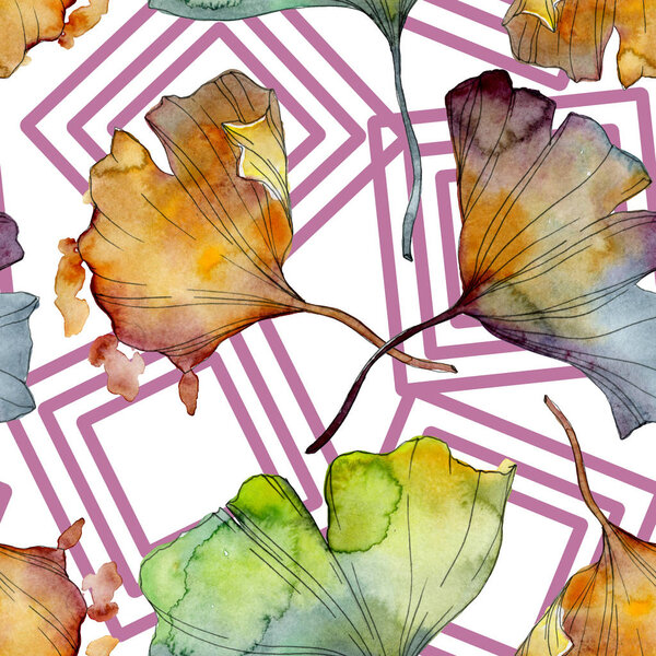 Ginkgo biloba leaf plant botanical garden floral foliage. Watercolor illustration set. Watercolour drawing fashion aquarelle isolated. Seamless background pattern. Fabric wallpaper print texture.