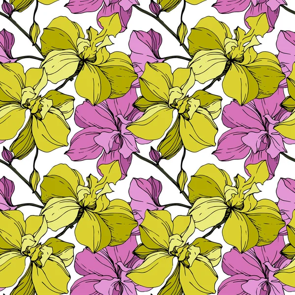 Vector Pink Yellow Orchids Isolated White Seamless Background Pattern Fabric — Stock Vector