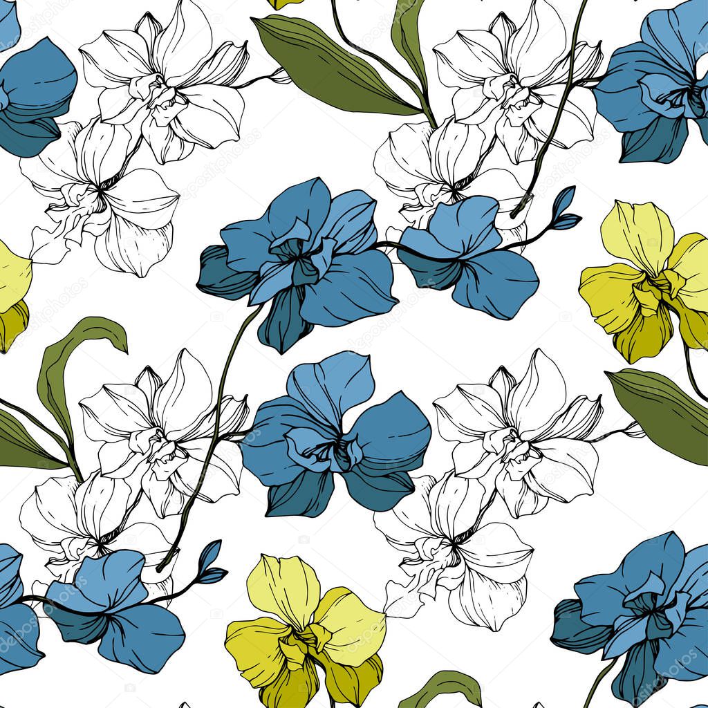 Vector blue and yellow orchids isolated on white. Seamless background pattern. Fabric wallpaper print texture.