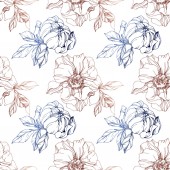Vector blue and brown isolated peonies sketch on white background. Engraved ink art. Seamless background pattern. Fabric wallpaper print texture.