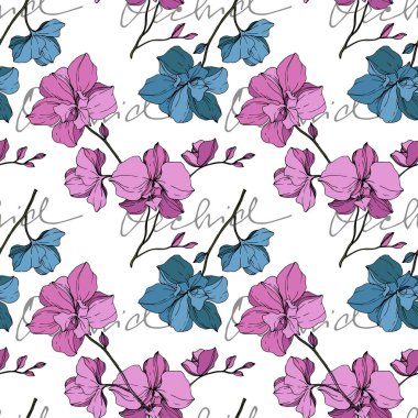 Vector blue and yellow orchids isolated on white. Seamless background pattern. Fabric wallpaper print texture. clipart