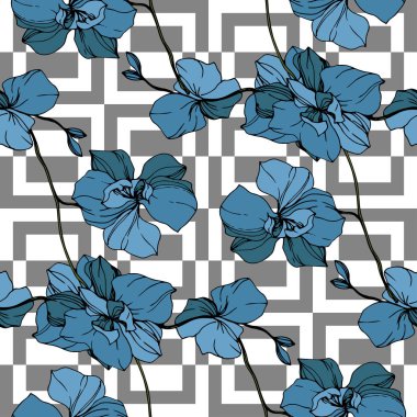 Vector blue orchids on white geometric background. Seamless background pattern. Fabric wallpaper print texture. clipart