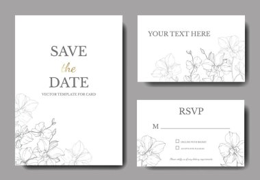 Vector silver orchids isolated on white. Invitation cards with save the date lettering