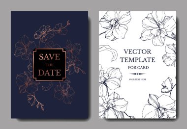 Vector blue and golden orchids isolated on white. Invitation cards with save the date lettering clipart