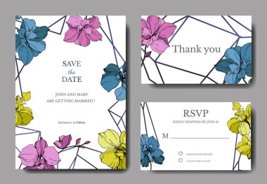 Vector blue, pink and yellow orchids isolated on white. Invitation cards with save the date lettering clipart