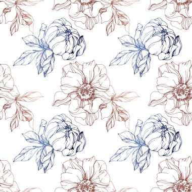 Vektör mavi ve kahverengi izole peonies beyaz zemin üzerine eskiz. Oyulmuş mürekkep sanat. Sorunsuz arka plan deseni. Kumaş duvar kağıdı yazdırma doku.