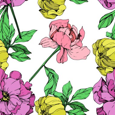 Beyaz arka plan üzerinde pembe, mor ve sarı peonies illüstrasyon vektör. Oyulmuş mürekkep sanat. Sorunsuz arka plan deseni. Kumaş duvar kağıdı yazdırma doku.
