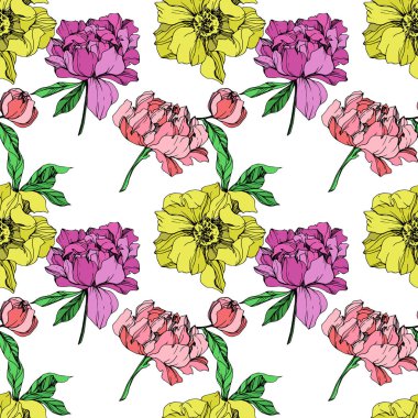 Beyaz arka plan üzerinde pembe, mor ve sarı peonies illüstrasyon vektör. Oyulmuş mürekkep sanat. Sorunsuz arka plan deseni. Kumaş duvar kağıdı yazdırma doku.
