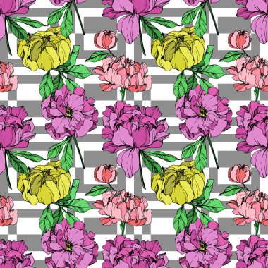 Geometrik arka plan üzerinde pembe, mor ve sarı peonies illüstrasyon vektör. Oyulmuş mürekkep sanat. Sorunsuz arka plan deseni. Kumaş duvar kağıdı yazdırma doku.