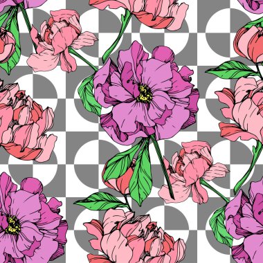 Geometrik zemin üzerine pembe ve mor peonies illüstrasyon vektör. Oyulmuş mürekkep sanat. Sorunsuz arka plan deseni. Kumaş duvar kağıdı yazdırma doku.