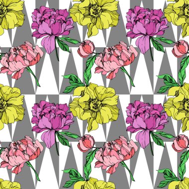 Geometrik zemin üzerine pembe ve sarı peonies illüstrasyon vektör. Oyulmuş mürekkep sanat. Sorunsuz arka plan deseni. Kumaş duvar kağıdı yazdırma doku.