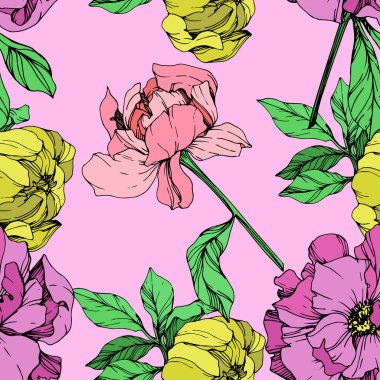 Pembe bir arka plan üzerinde mor, pembe ve sarı izole peonies illüstrasyon vektör. Oyulmuş mürekkep sanat. Sorunsuz arka plan deseni. Kumaş duvar kağıdı yazdırma doku.