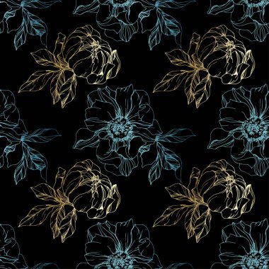 Vektör mavi ve altın izole peonies siyah arka plan üzerine eskiz. Oyulmuş mürekkep sanat. Sorunsuz arka plan deseni. Kumaş duvar kağıdı yazdırma doku.