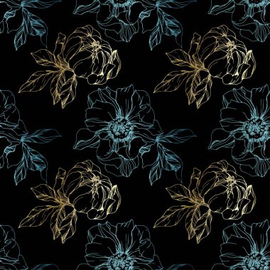 Vector blue and golden isolated peonies sketch on black background. Engraved ink art. Seamless background pattern. Fabric wallpaper print texture. clipart