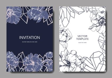 Vector wedding elegant invitation cards with crystals and peonies illustration on white and blue background. clipart