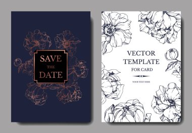 Vector elegant invitation cards with golden and blue peonies illustration on white and blue background with save the date lettering. clipart