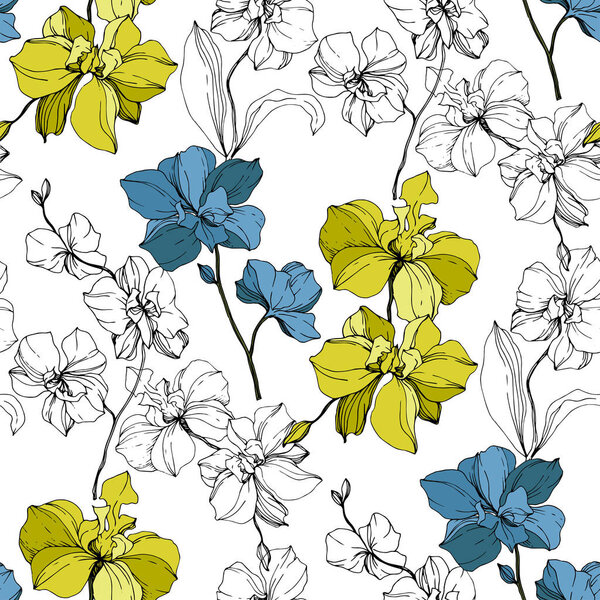 Vector blue and yellow orchids isolated on white. Seamless background pattern. Fabric wallpaper print texture.