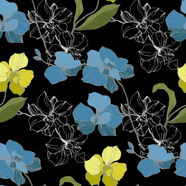 Siyah Izole Vektör Mavi Sarı Orkide Sorunsuz Arka Plan Deseni — Stok Vektör