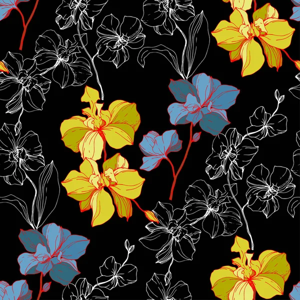 在黑色上分离的向量蓝色和黄色兰花 无缝的背景模式 织物壁纸打印纹理 — 图库矢量图片