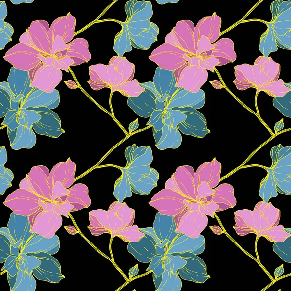 Vector Blue Yellow Orchids Isolated Black Seamless Background Pattern Fabric — Stock Vector