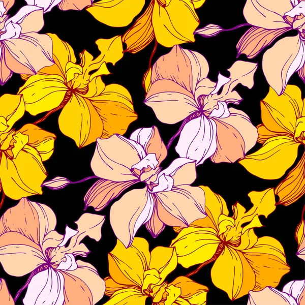 Vector Blue Yellow Orchids Isolated White Seamless Background Pattern Fabric — Stock Vector