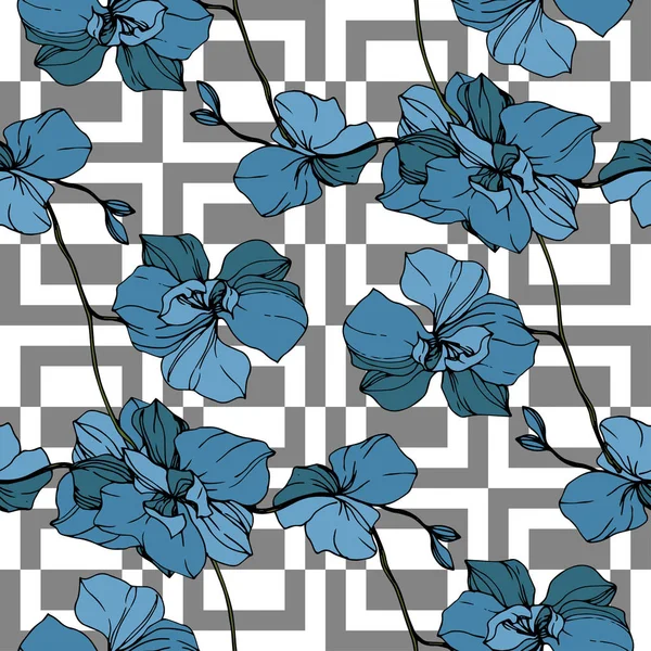 Vektorblaue Orchideen Auf Weißem Geometrischem Hintergrund Nahtlose Hintergrundmuster Stoff Tapete — Stockvektor