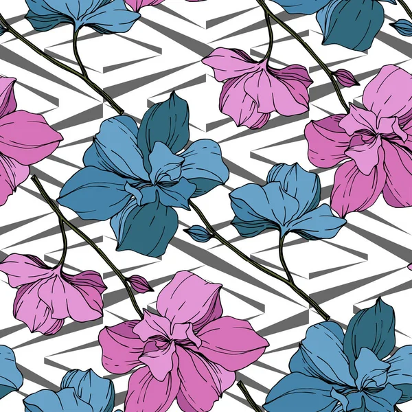Vector Blue Pink Orchids White Geometric Background Seamless Background Pattern — Stock Vector
