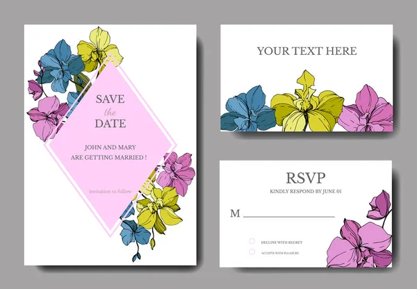 Vector Blue Pink Yellow Orchids Isolated White Invitation Cards Date — Stock Vector