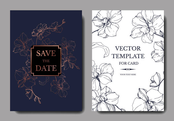Vector blue and golden orchids isolated on white. Invitation cards with save the date lettering