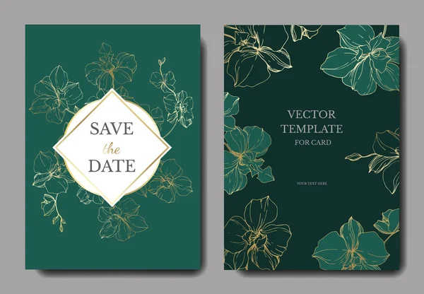 Vector Gyllene Orkidéer Isolerad Green Inbjudningskort Med Spara Datum Bokstäver — Stock vektor