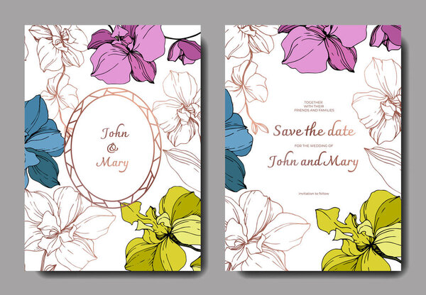 Vector Blue Pink Golden Yellow Orchids Isolated White Invitation Cards — Stock Vector