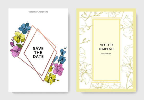 Vector blue, pink and yellow orchids isolated on white. Invitation cards with save the date lettering
