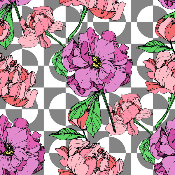 Vector pink and purple peonies illustration on geometric background. Engraved ink art. Seamless background pattern. Fabric wallpaper print texture.