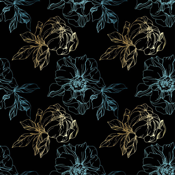 Vector blue and golden isolated peonies sketch on black background. Engraved ink art. Seamless background pattern. Fabric wallpaper print texture.