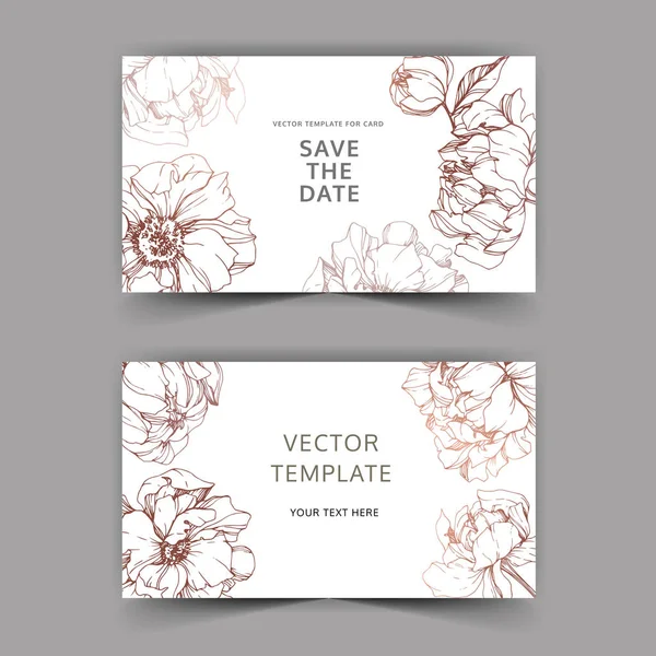 Vector Elegant Invitation Cards Golden Peonies Illustration White Background Date — Stock Vector