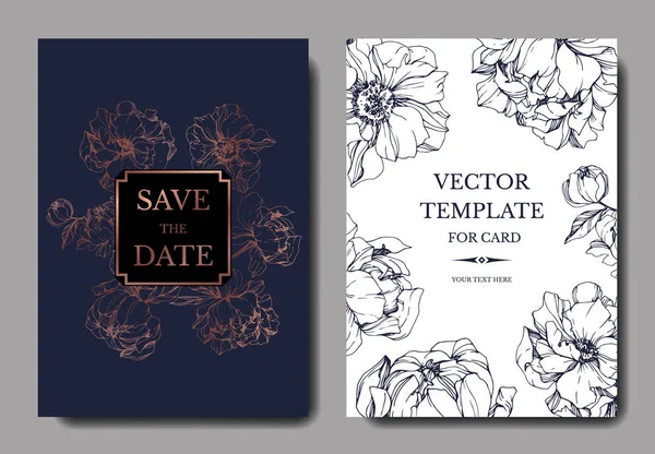 Vector Elegantes Tarjetas Invitación Con Peonías Doradas Azules Ilustración Sobre — Vector de stock