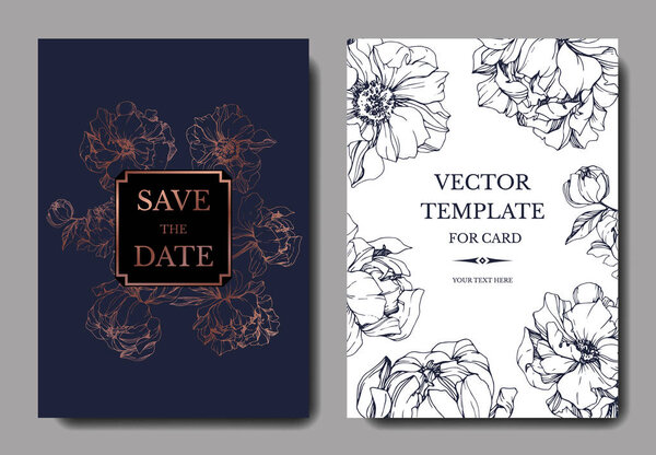 Vector elegant invitation cards with golden and blue peonies illustration on white and blue background with save the date lettering.