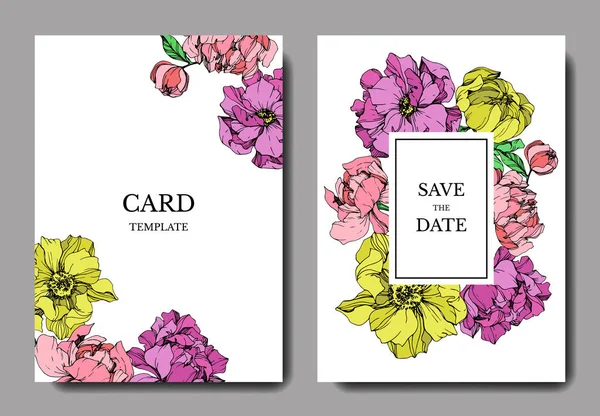 Vector Elegant Invitation Cards Purple Yellow Pink Peonies Illustration White — Stock Vector