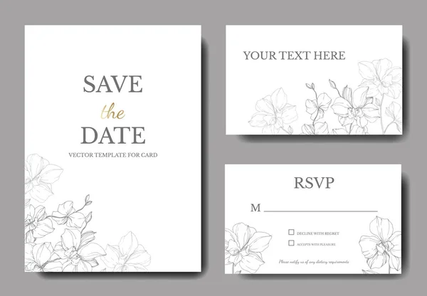 Vector Silver Orchids Isolated White Invitation Cards Date Lettering — Stock Vector