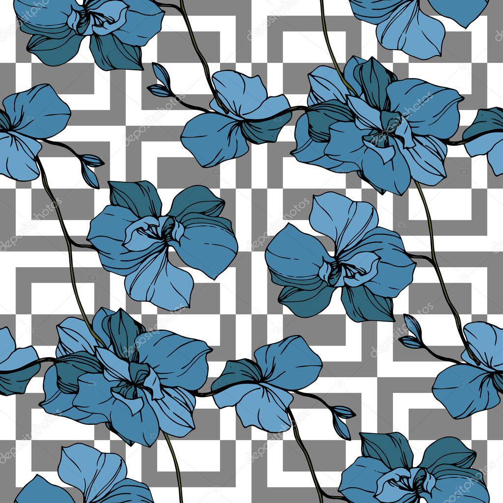 Vector blue orchids on white geometric background. Seamless background pattern. Fabric wallpaper print texture.