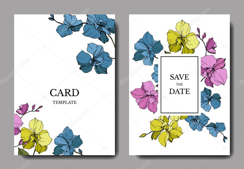 Vector blue, pink and yellow orchids isolated on white. Invitation cards with save the date lettering