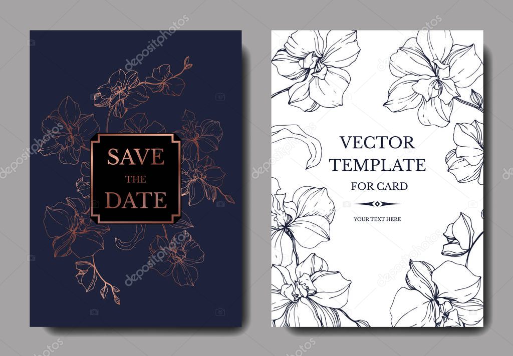 Vector blue and golden orchids isolated on white. Invitation cards with save the date lettering