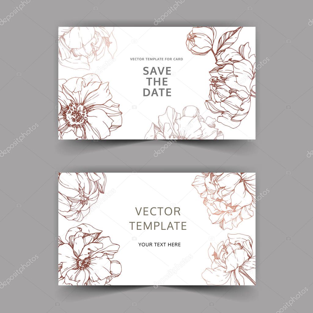 Vector elegant invitation cards with golden peonies illustration on white background with save the date lettering.