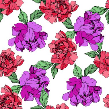 Vektör mor ve yaşam mercan beyaz arka plan üzerinde peonies illüstrasyon izole. Oyulmuş mürekkep sanat. Sorunsuz arka plan deseni. Kumaş duvar kağıdı yazdırma doku.