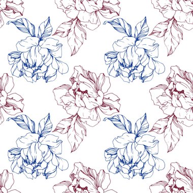 Vektör Bordo ve mavi izole peonies beyaz zemin üzerine eskiz. Oyulmuş mürekkep sanat. Sorunsuz arka plan deseni. Kumaş duvar kağıdı yazdırma doku.