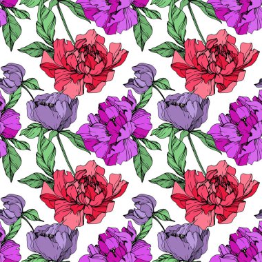 Vektör mor ve yaşam mercan beyaz arka plan üzerinde peonies illüstrasyon izole. Oyulmuş mürekkep sanat. Sorunsuz arka plan deseni. Kumaş duvar kağıdı yazdırma doku.