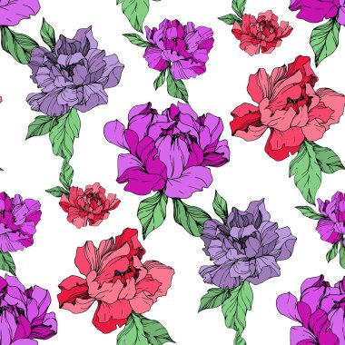 Vektör mor ve yaşam mercan beyaz arka plan üzerinde peonies illüstrasyon izole. Oyulmuş mürekkep sanat. Sorunsuz arka plan deseni. Kumaş duvar kağıdı yazdırma doku.